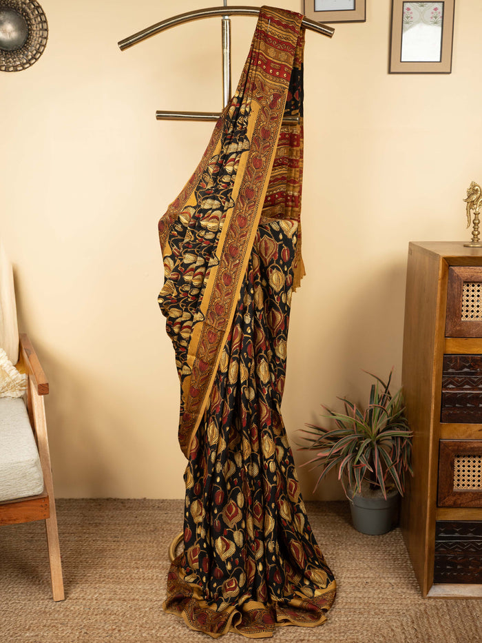 Black Color Chanderi Block Printed Saree