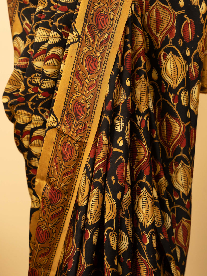 Black Color Chanderi Block Printed Saree