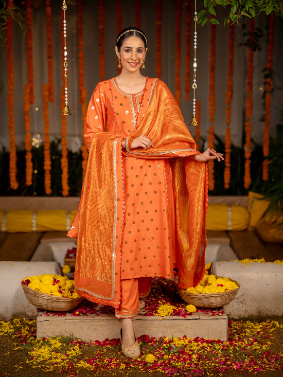 Fanta Orange Banarasi Silk Round Neck Complete Suit Set For Women's