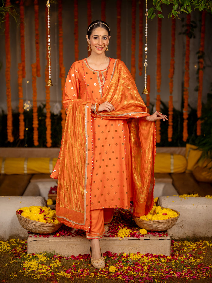 Fanta Orange Banarasi Silk Round Neck Complete Suit Set For Women's