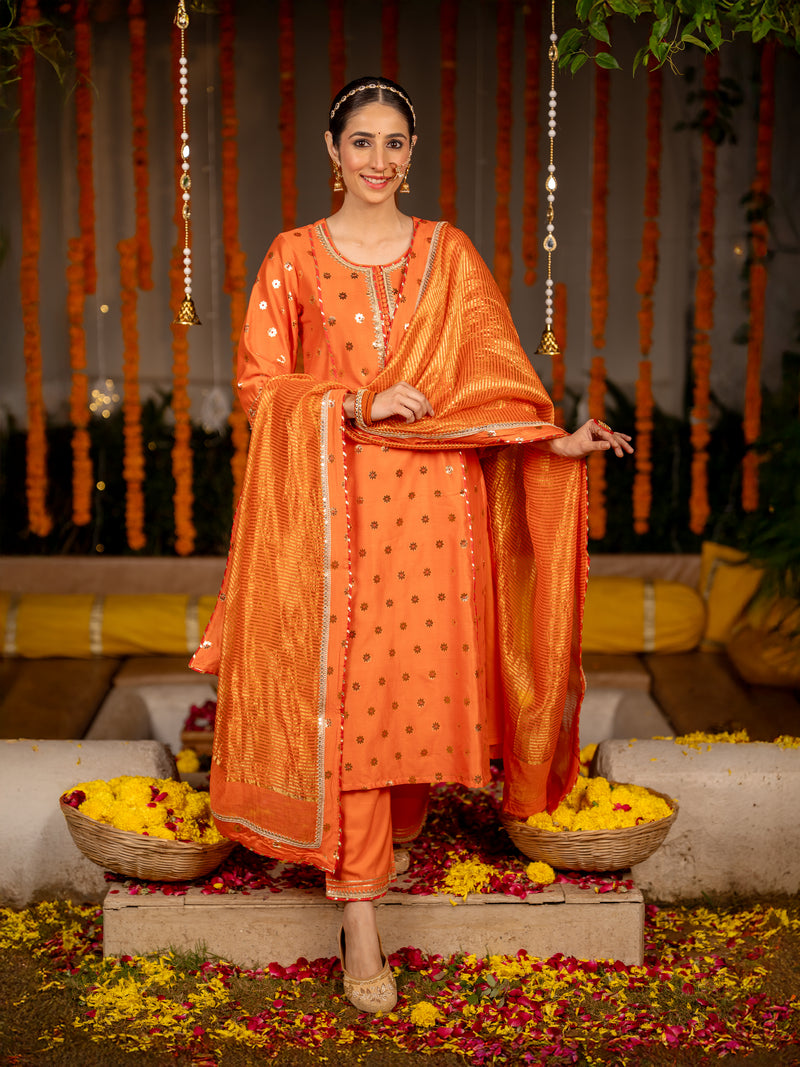 Fanta Orange Banarasi Silk Round Neck Complete Suit Set For Women's