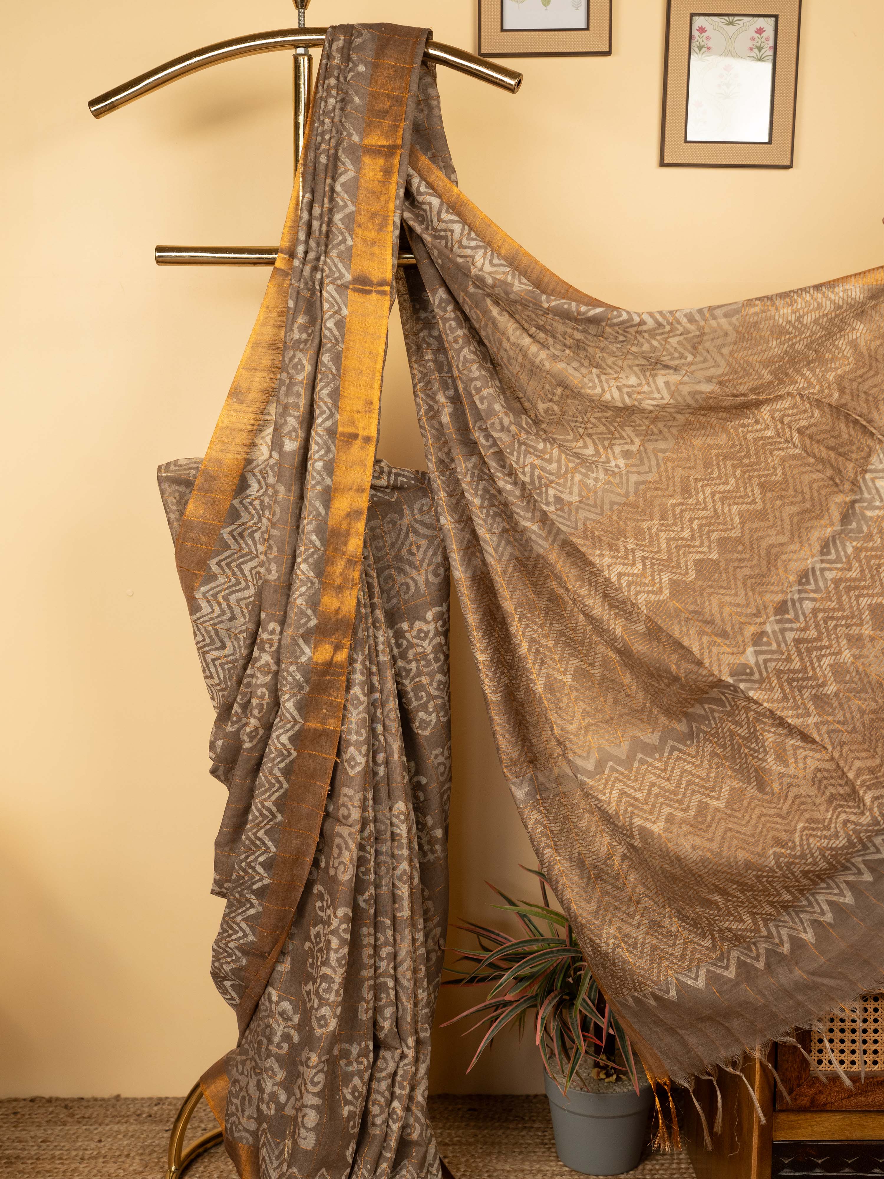 French Beige Cotton Block Printed Saree