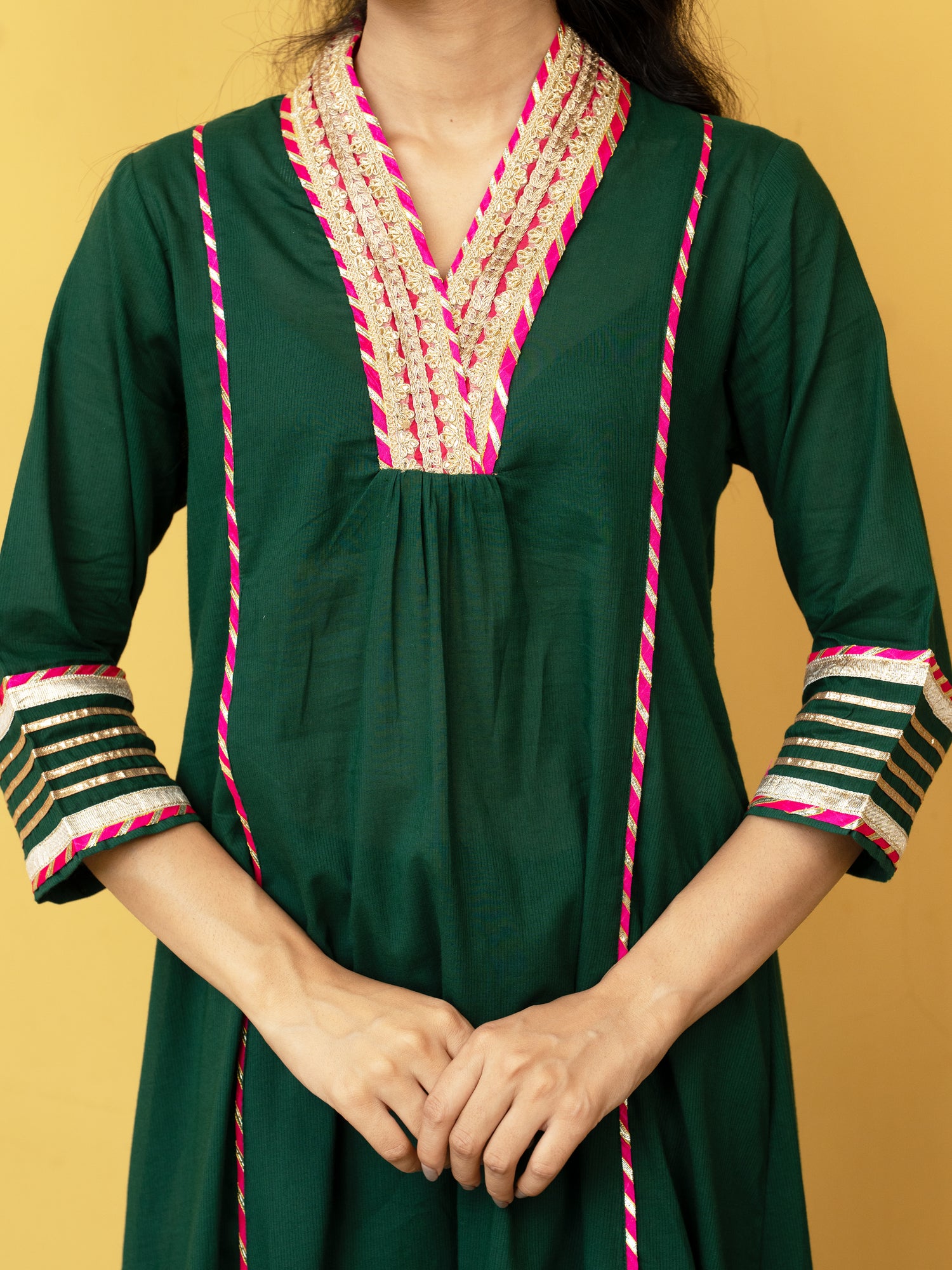 Green Cotton Dobby V-Neck Complete Suit Set For Women's