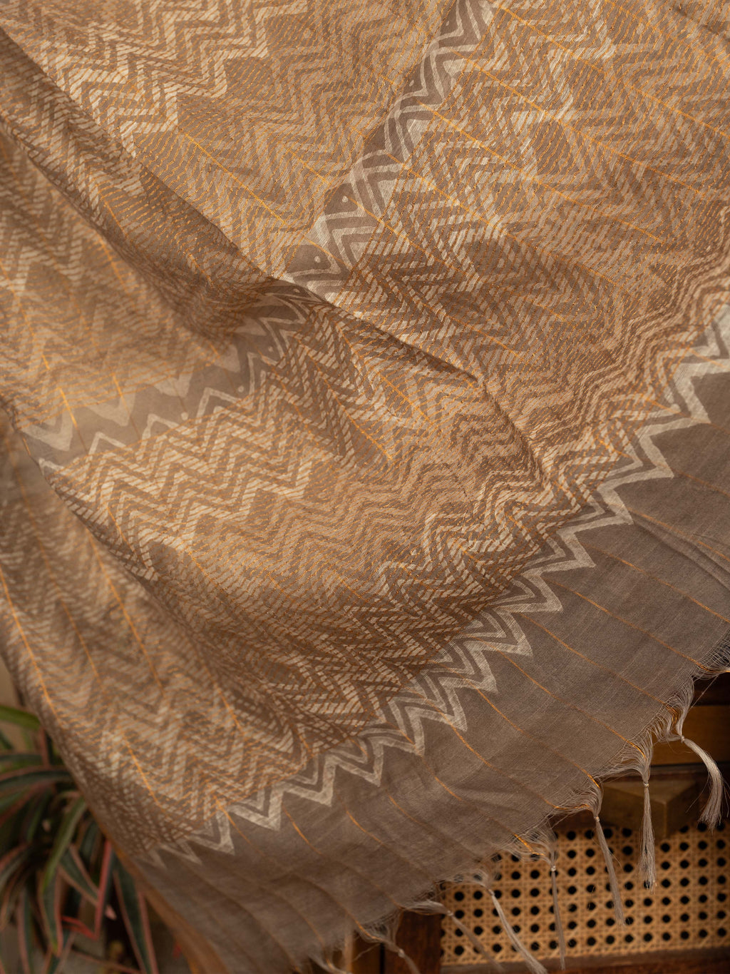 French Beige Cotton Block Printed Saree