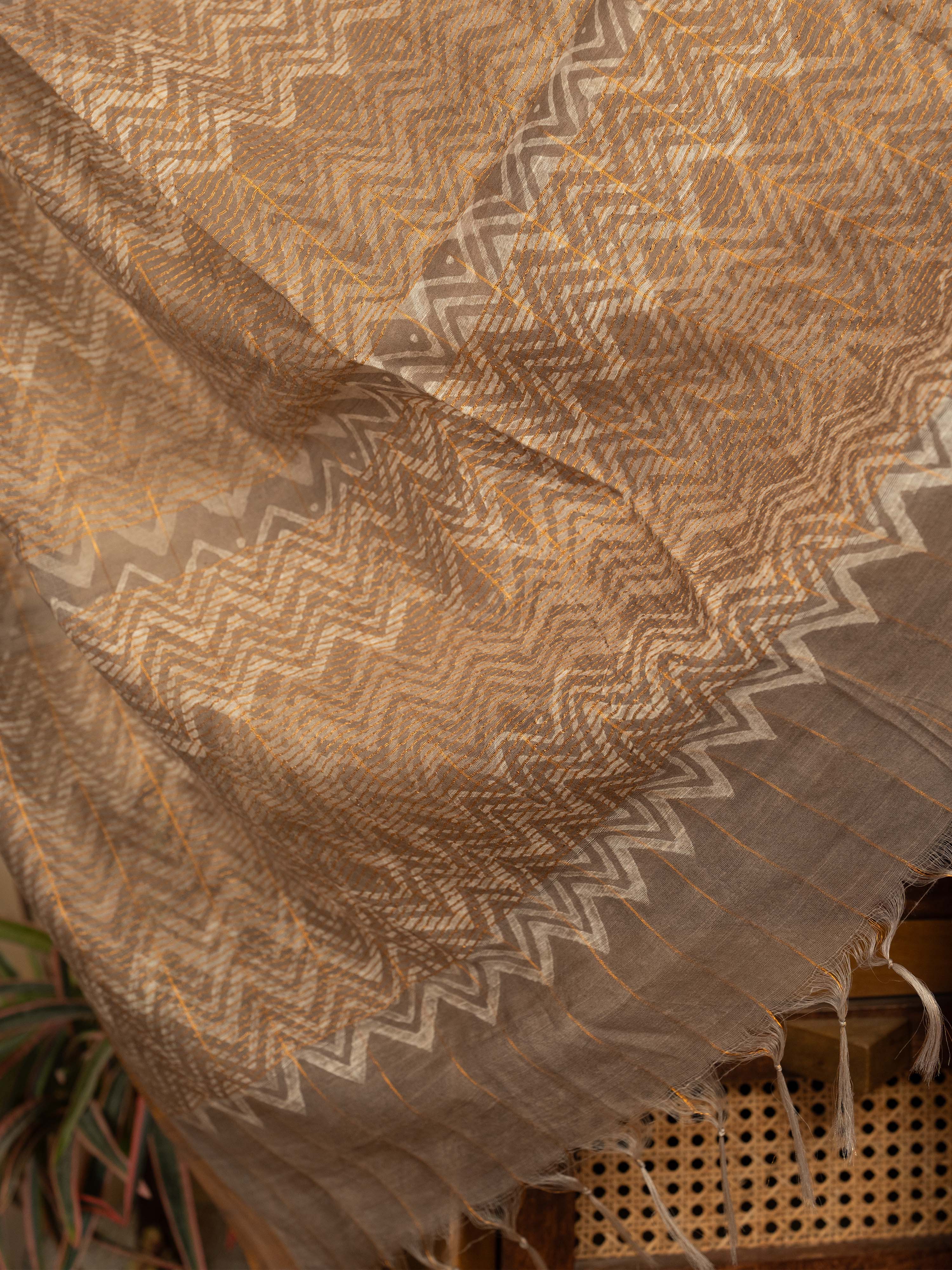 French Beige Cotton Block Printed Saree