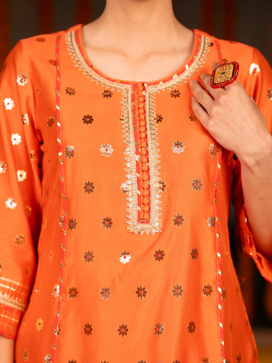 Fanta Orange Banarasi Silk Round Neck Complete Suit Set For Women's