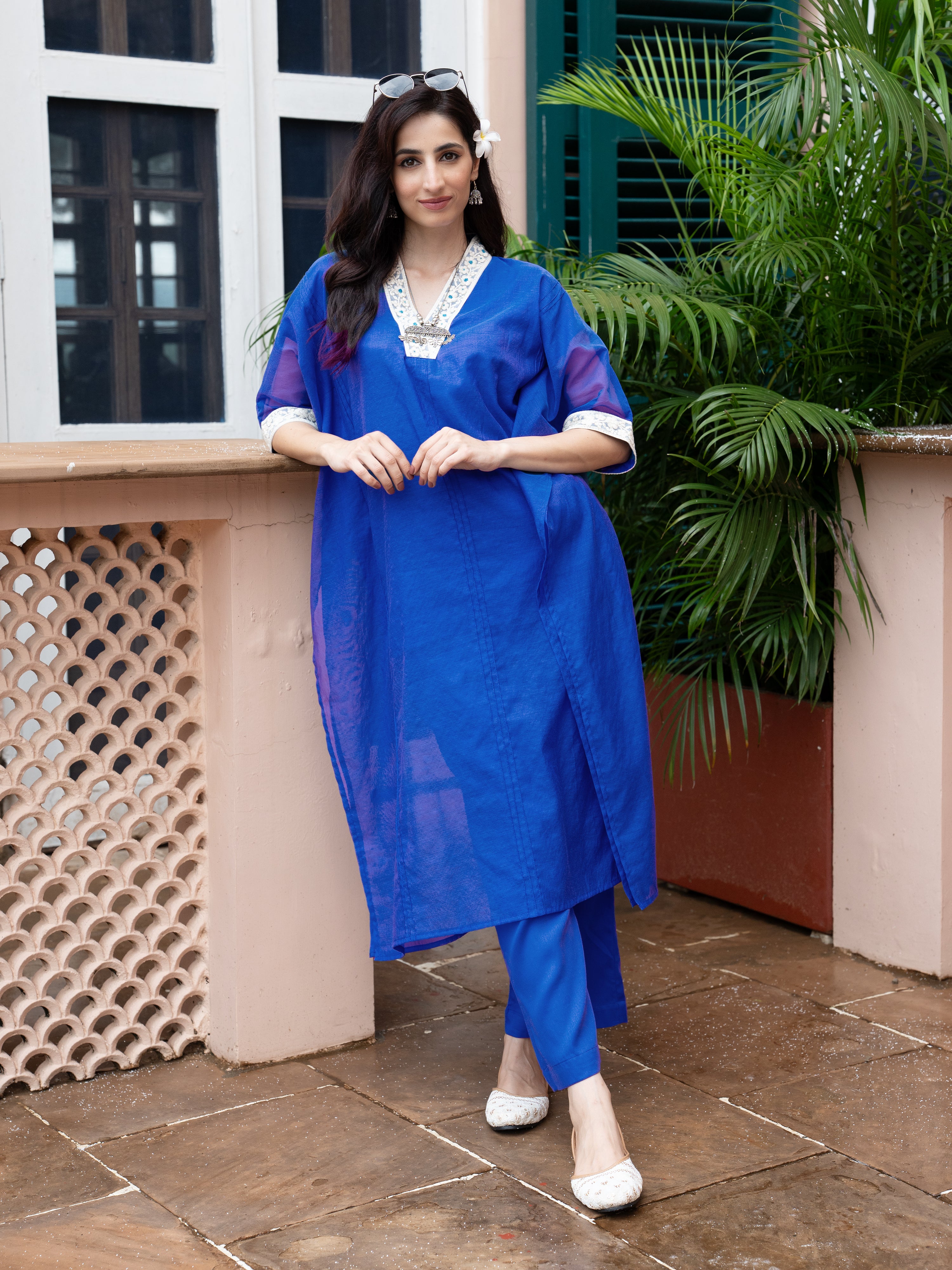 Blue Chanderi V-Neck Kurta Pant Set For Women's