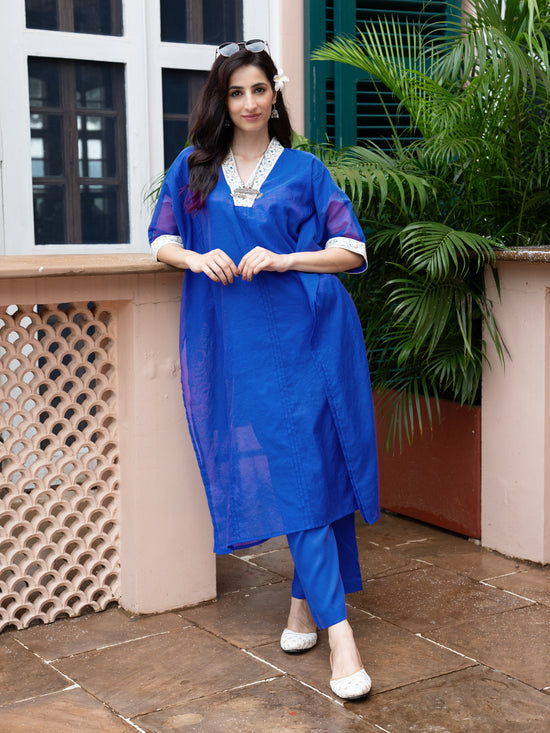 Blue Chanderi V-Neck Kurta Pant Set For Women's