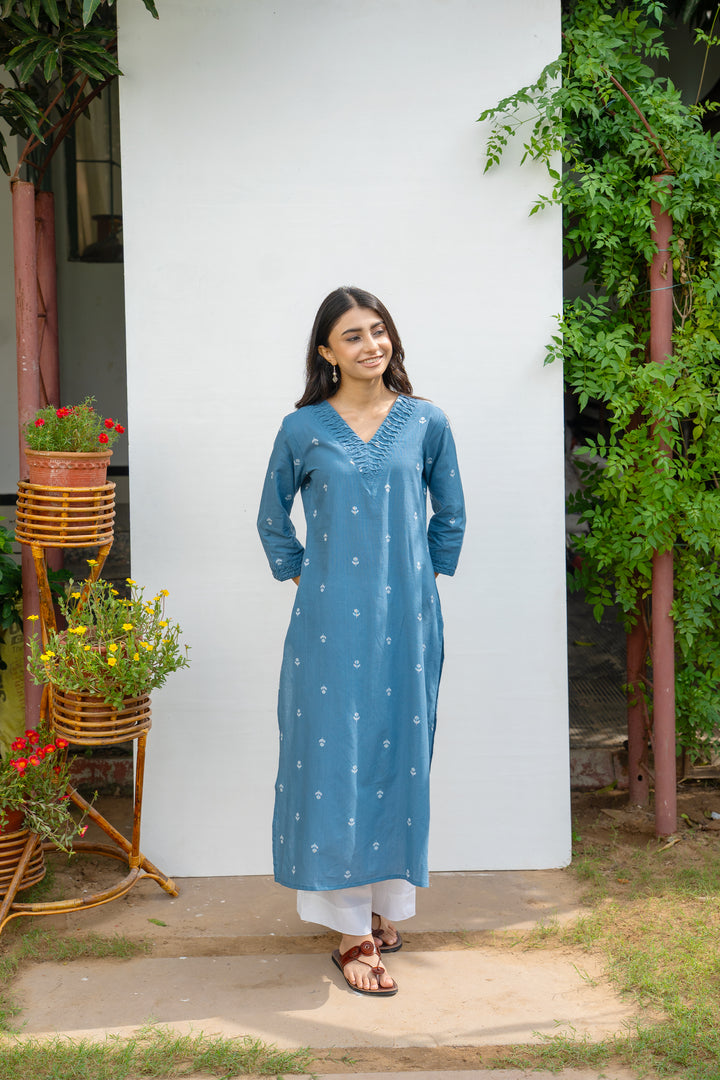 Blue Cotton Handloom Kurta For Women's
