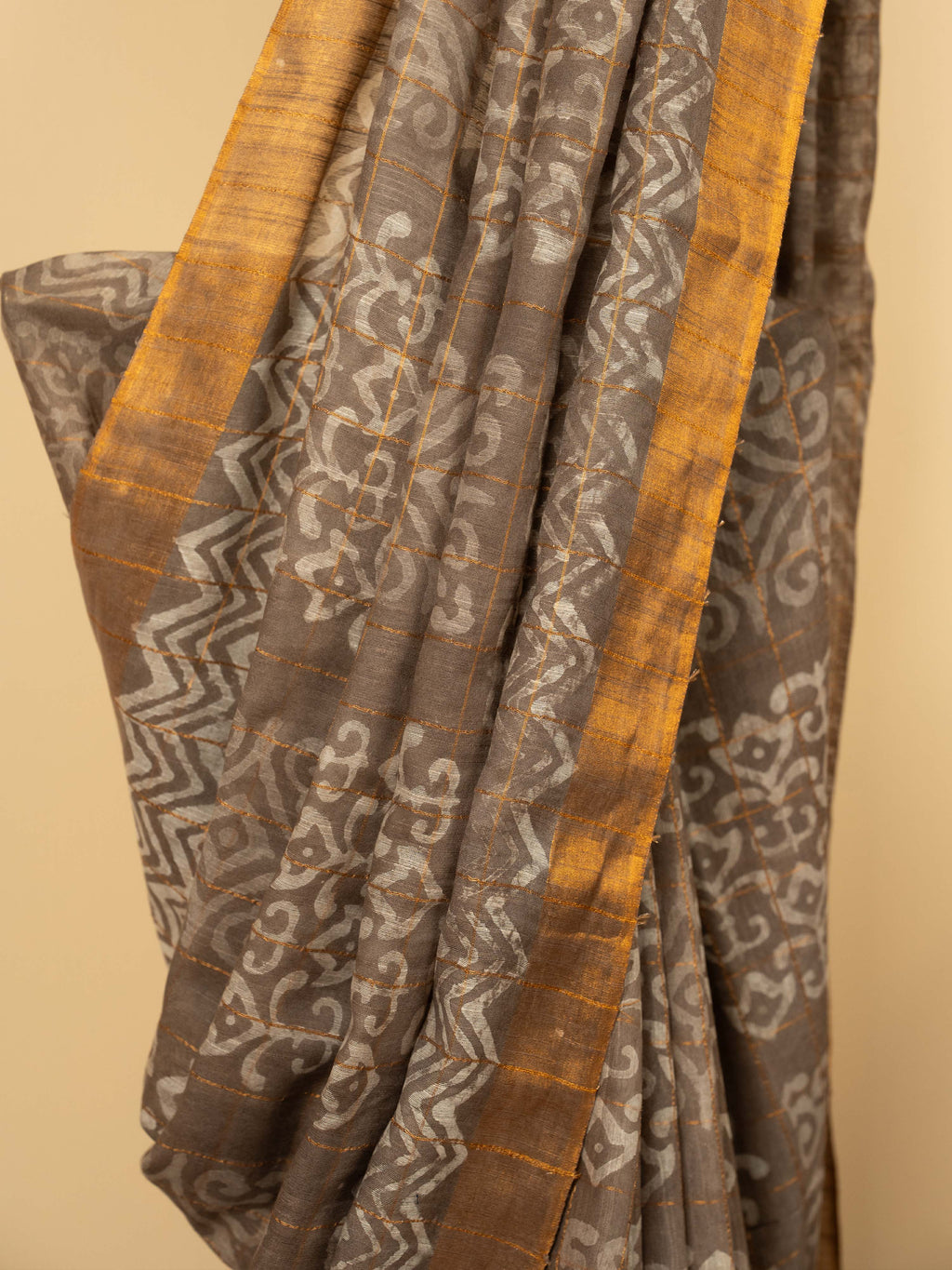 French Beige Cotton Block Printed Saree
