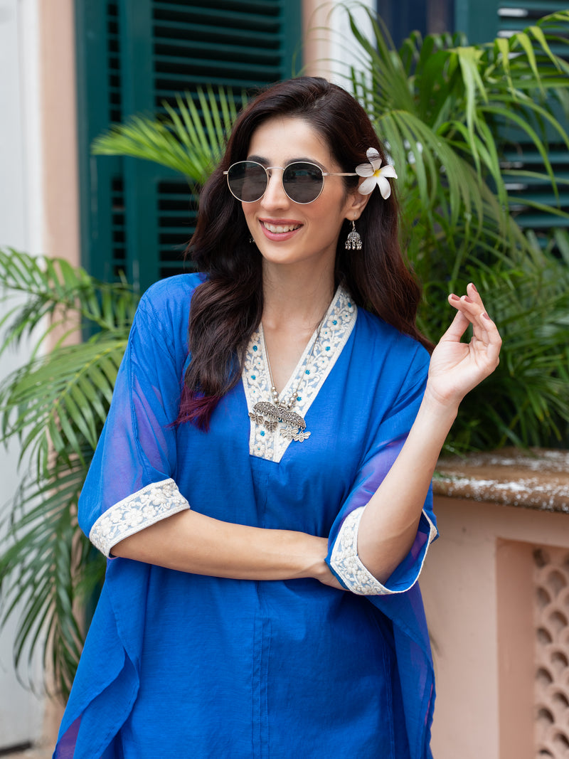 Blue Chanderi V-Neck Kurta Pant Set For Women's