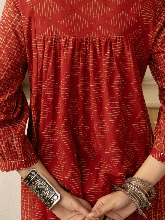 Red Colour Cotton Round with V-Neck HandBlock Print With Natural Dyes Kurta For Women's