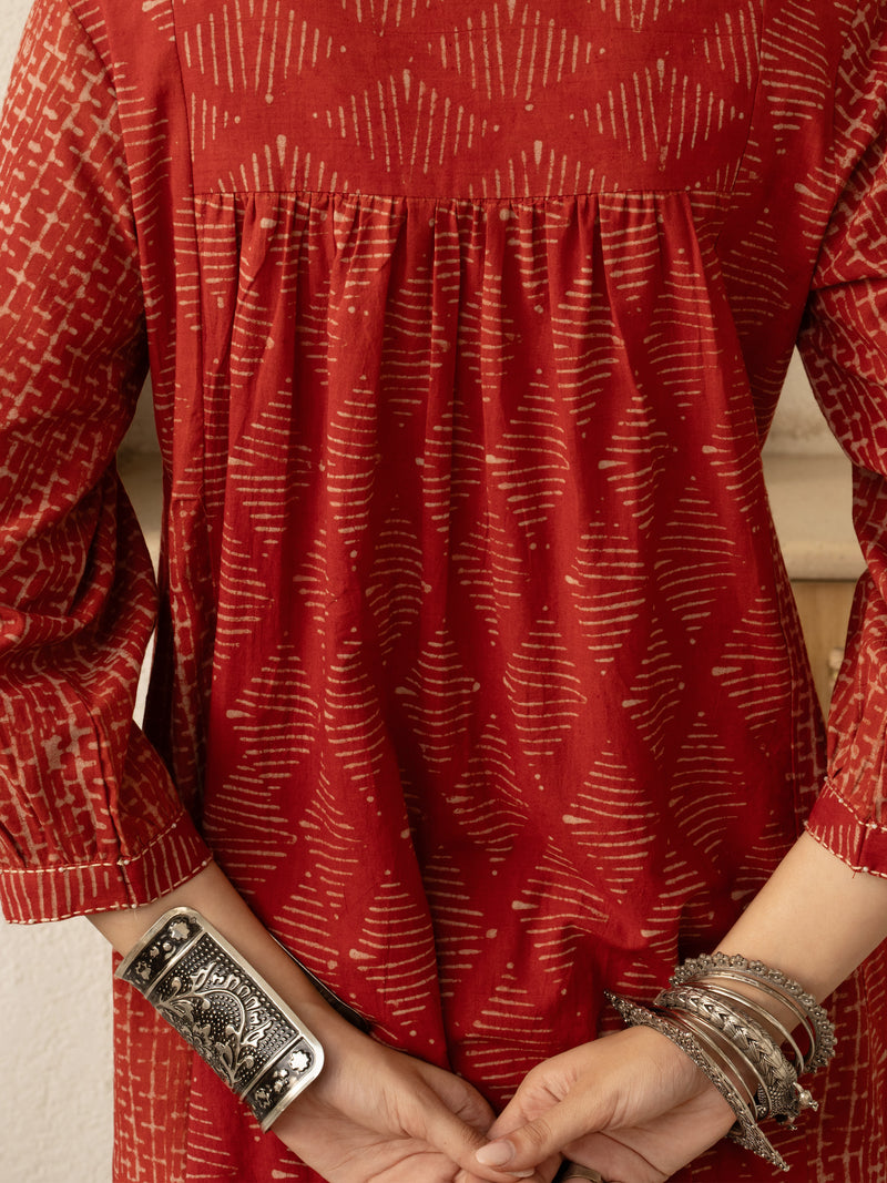 Red Colour Cotton Round with V-Neck HandBlock Print With Natural Dyes Kurta For Women's