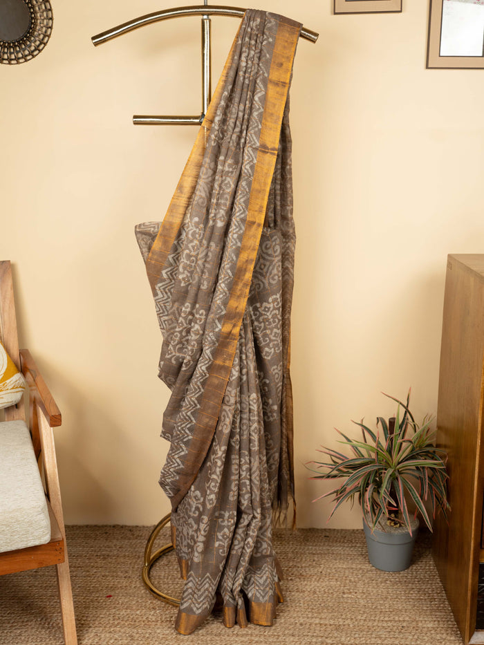 French Beige Cotton Block Printed Saree