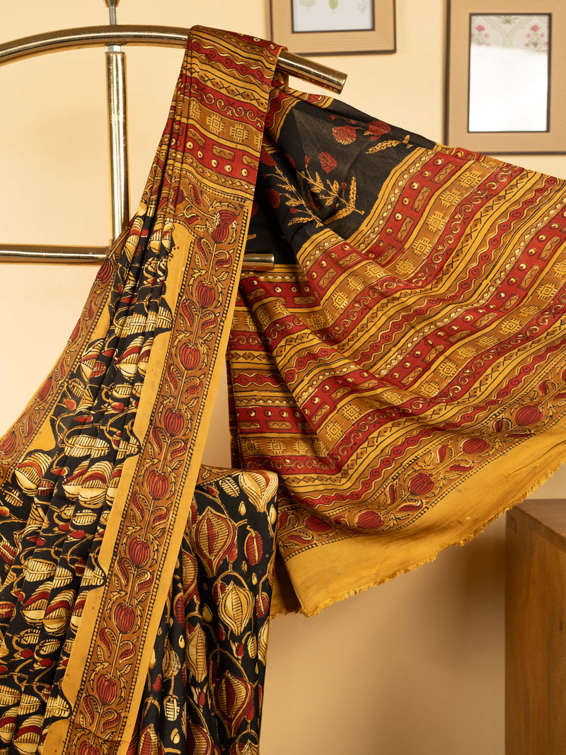 Black Color Chanderi Block Printed Saree