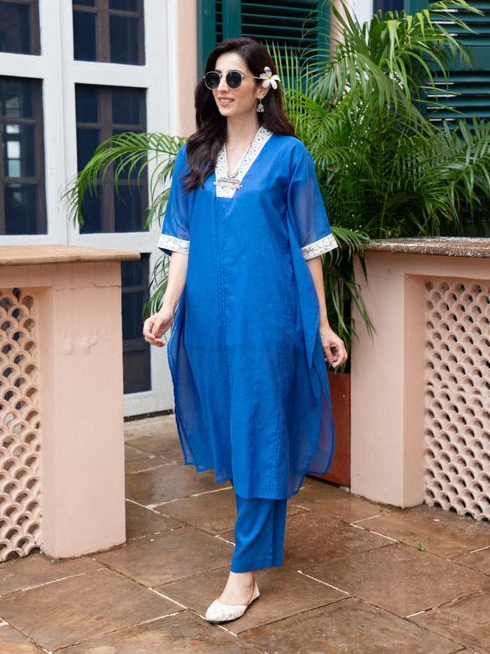 Blue Chanderi V-Neck Kurta Pant Set For Women's
