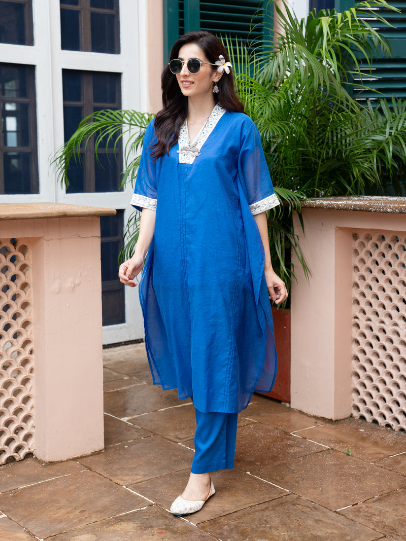 Blue Chanderi V-Neck Kurta Pant Set For Women's