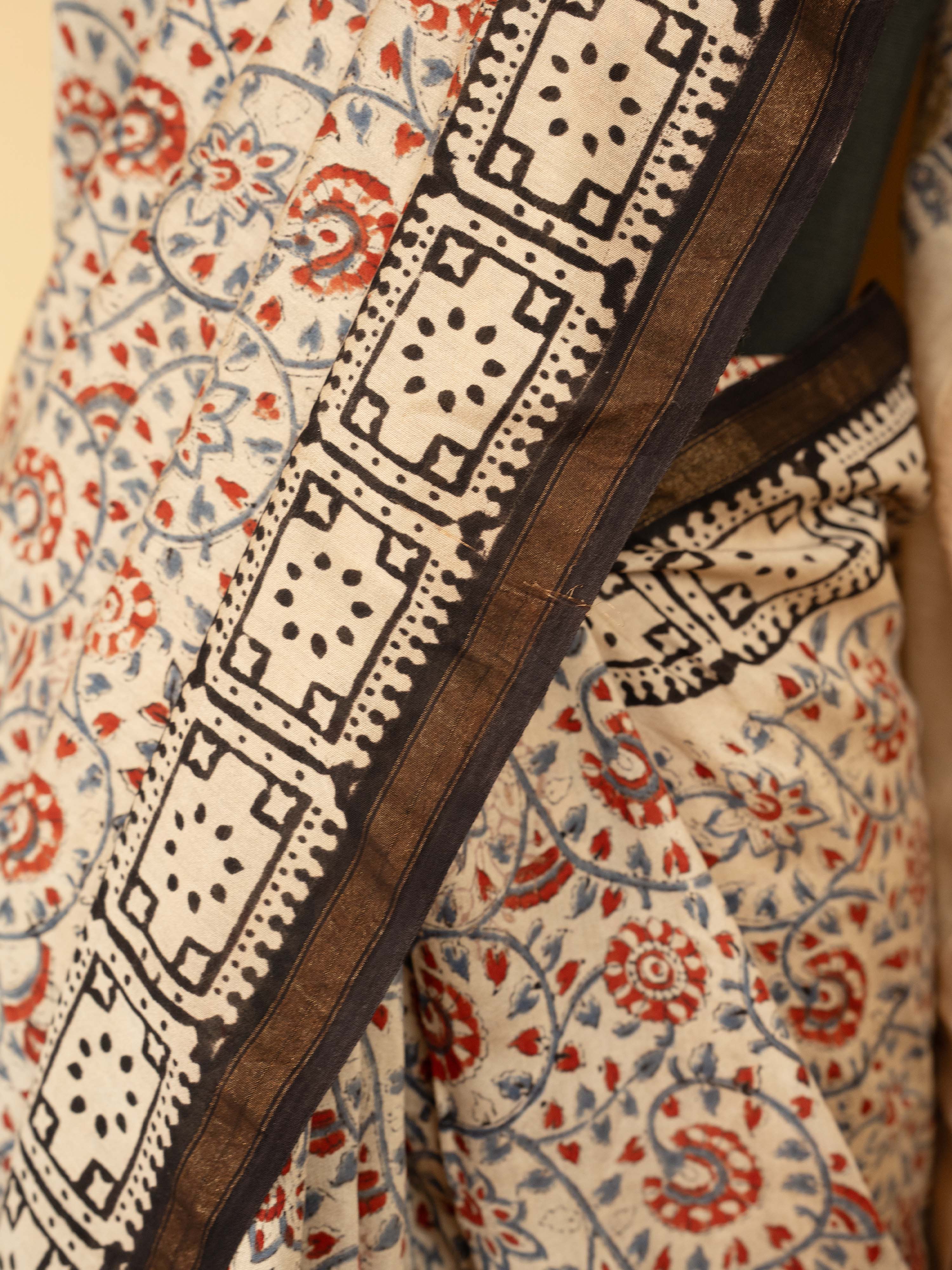 Beige Chanderi Block Printed Saree