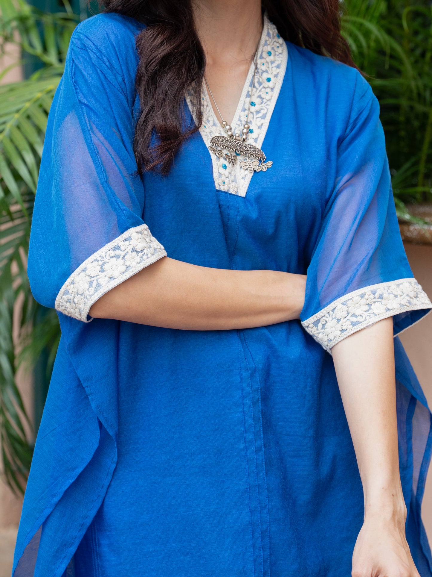 Blue Chanderi V-Neck Kurta Pant Set For Women's