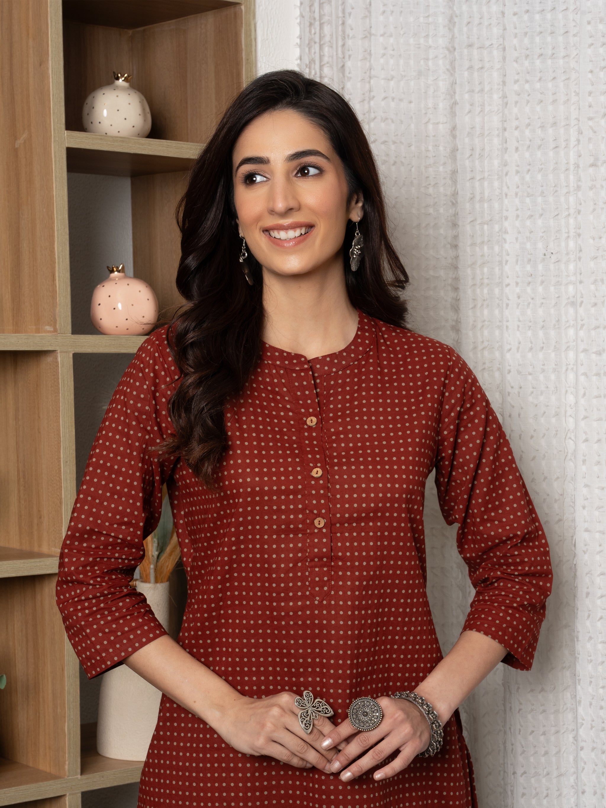 Rust -cotton-Round With Collar neck-printed-kurta-for-womens