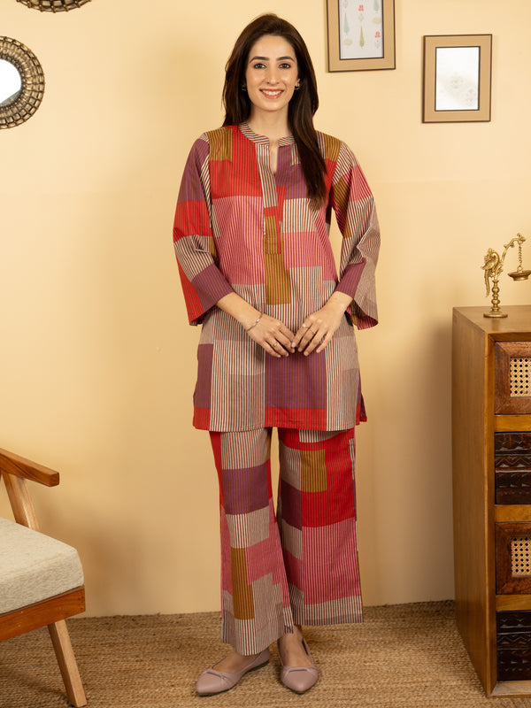 Multicolor Cotton Round With V Neck Striped Print Lounge Wear