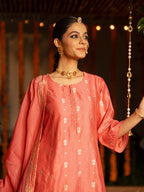 Peach Pure Chanderi Round Neck Complete Suit Set For Women's