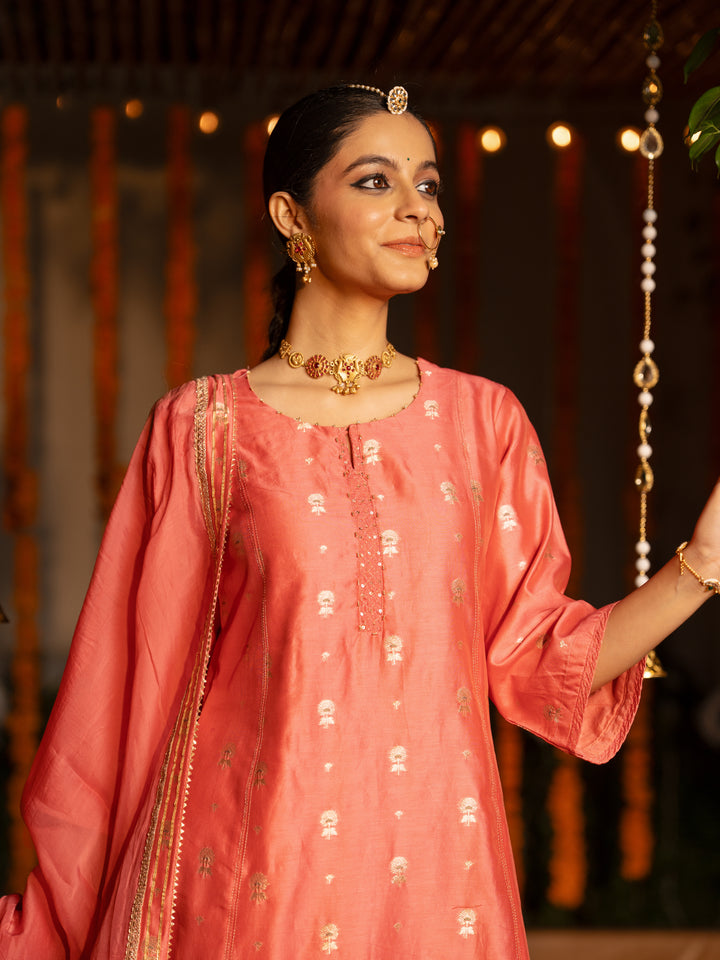 Peach Pure Chanderi Round Neck Complete Suit Set For Women's