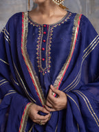 Purplish Blue Chanderi Round Neck Kurta Skirt with Dupatta Set For Women's
