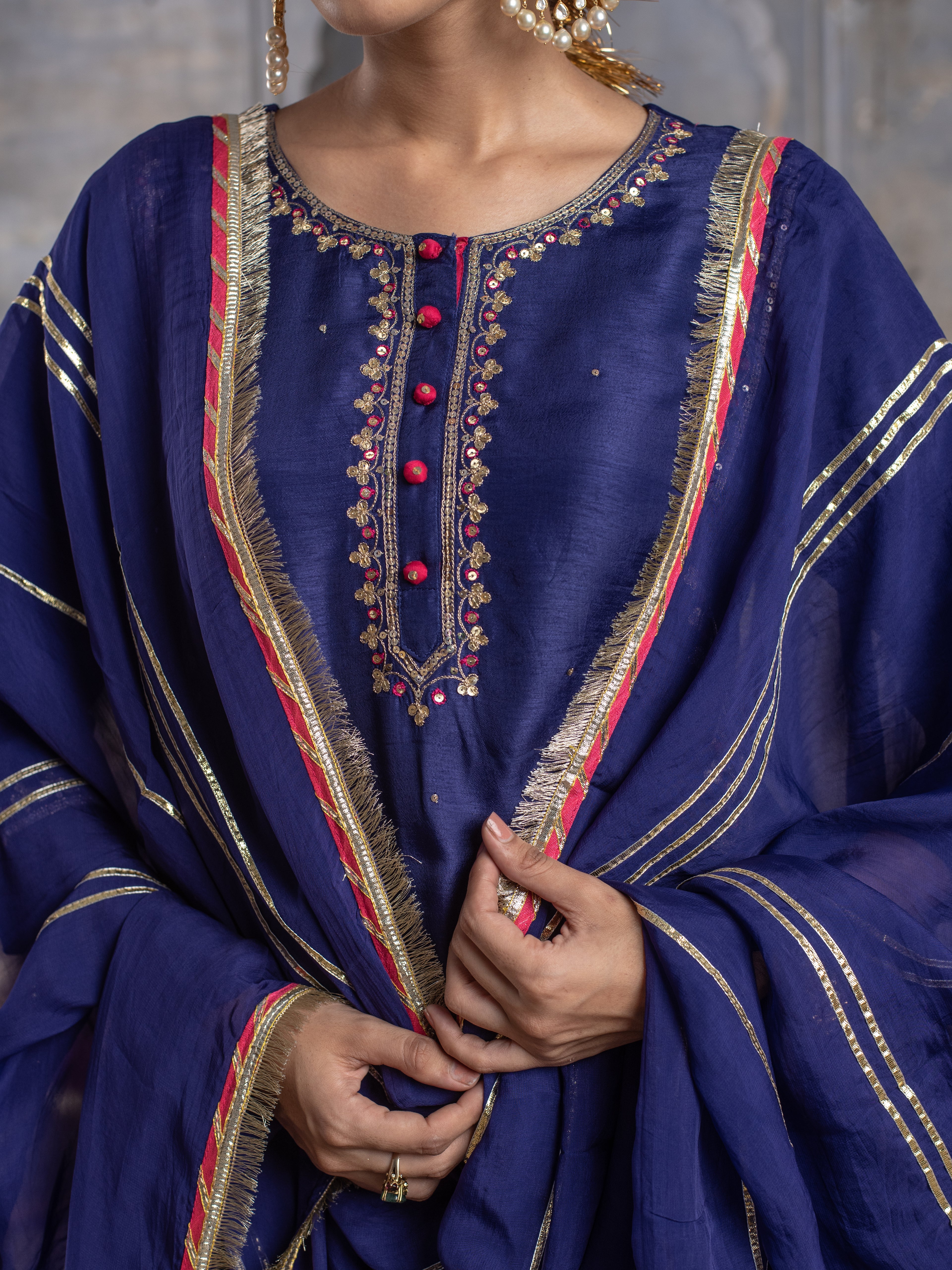 Purplish Blue Chanderi Round Neck Kurta Skirt with Dupatta Set For Women's