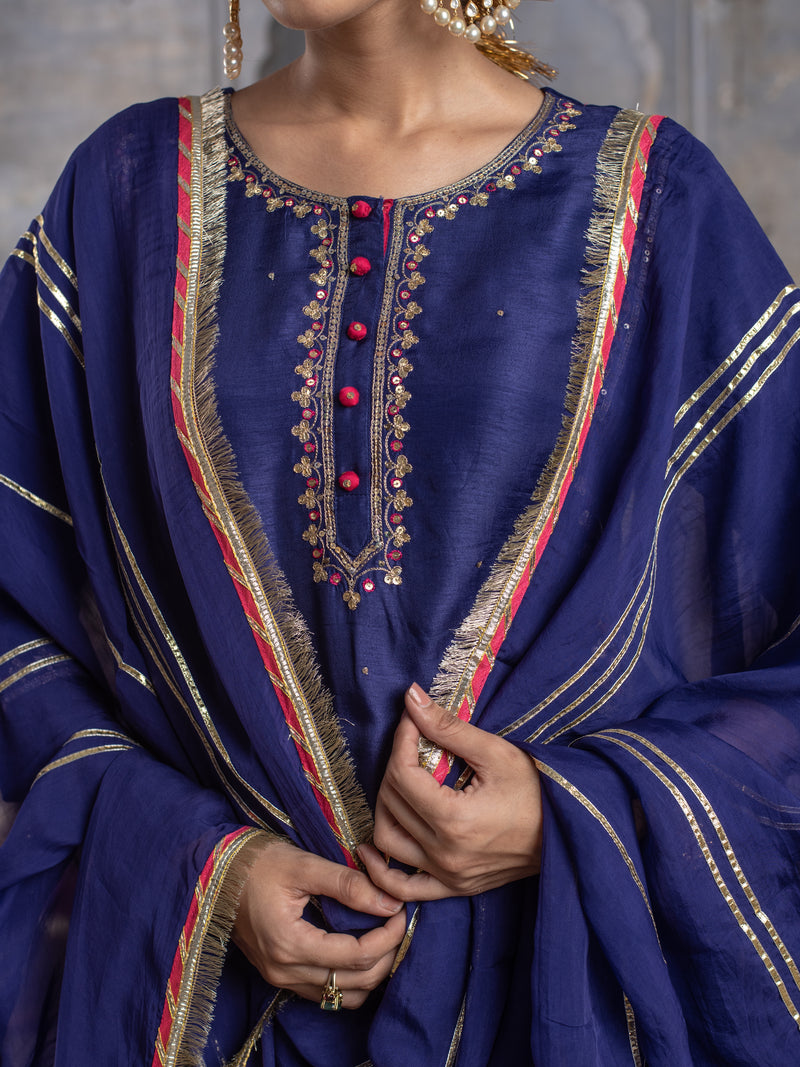 Purplish Blue Chanderi Round Neck Kurta Skirt with Dupatta Set For Women's