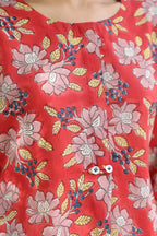 Red Floral Cotton Round Neck Handblock Short Top For Women's