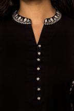 BLACK COTTON FLAX COLLAR EMBROIDERY WORK ON KURTA.WITH EMBROIDERY ON BUTTONS KURTA PANT SET