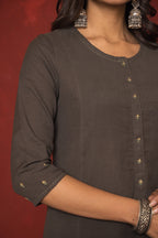DARK GREY COTTON FLAX ROUND EMBROIDERY ON KURTA AND SLEEVES KURTA PANT SET
