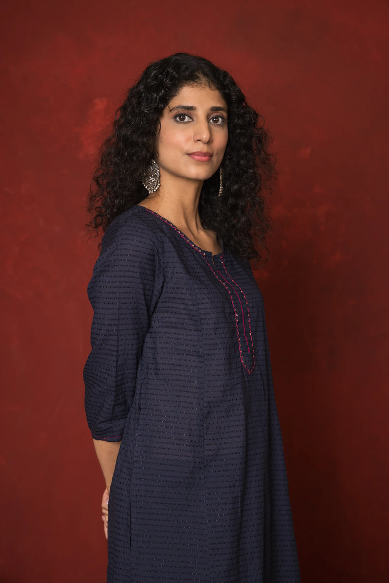 INDIGO BLUE COTTON DOBBY ROUND KURTA HIGHLIGHTED WITH HAND KATHA AND SEQUENCE WORK KURTA PANT SET