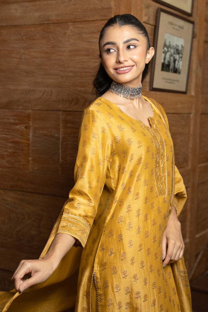Mustard Chanderi Round Neck Complete Suit Set For Women's