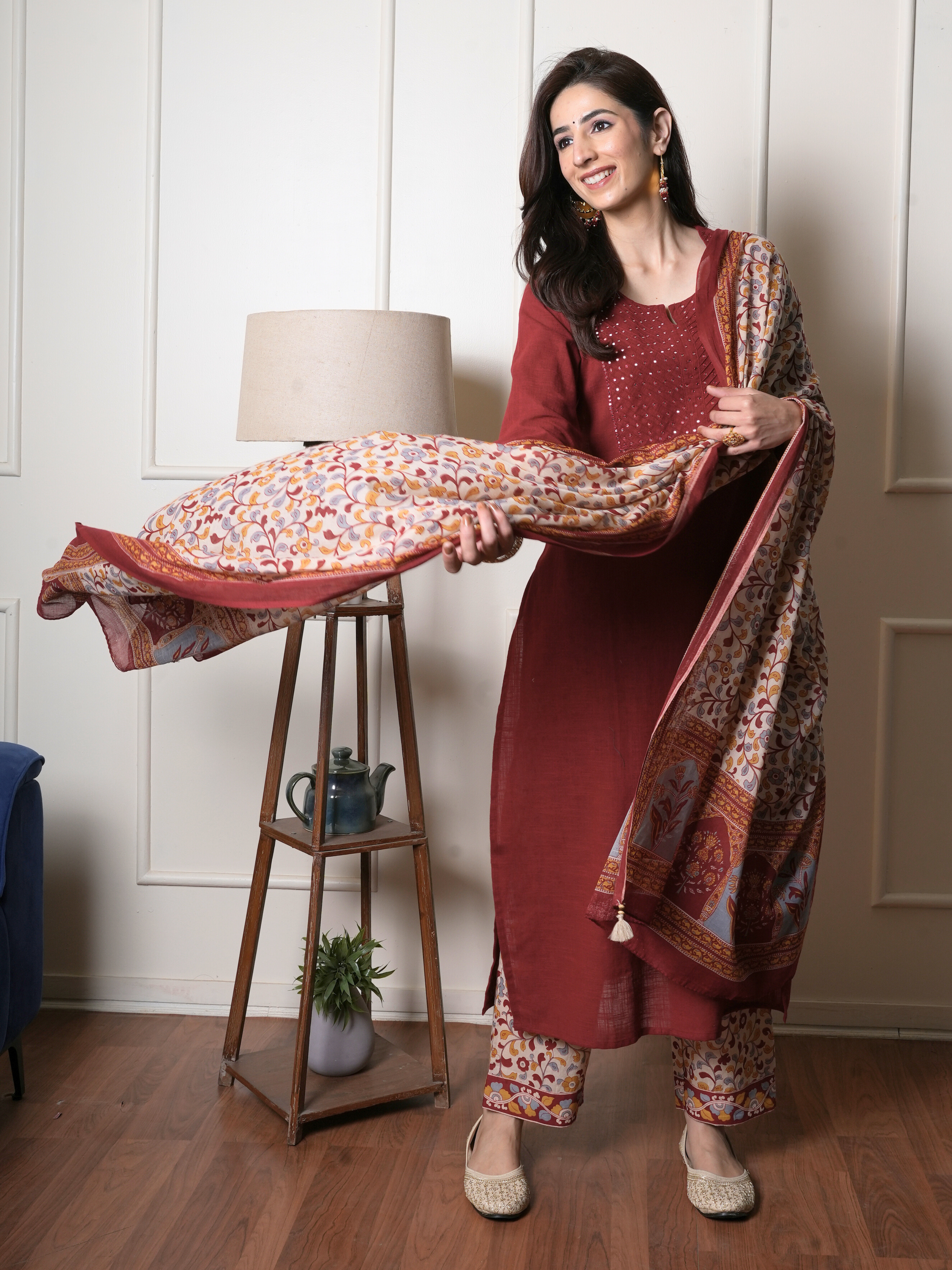 Maroon Cotton Round Neck Complete Suit Set For Women's
