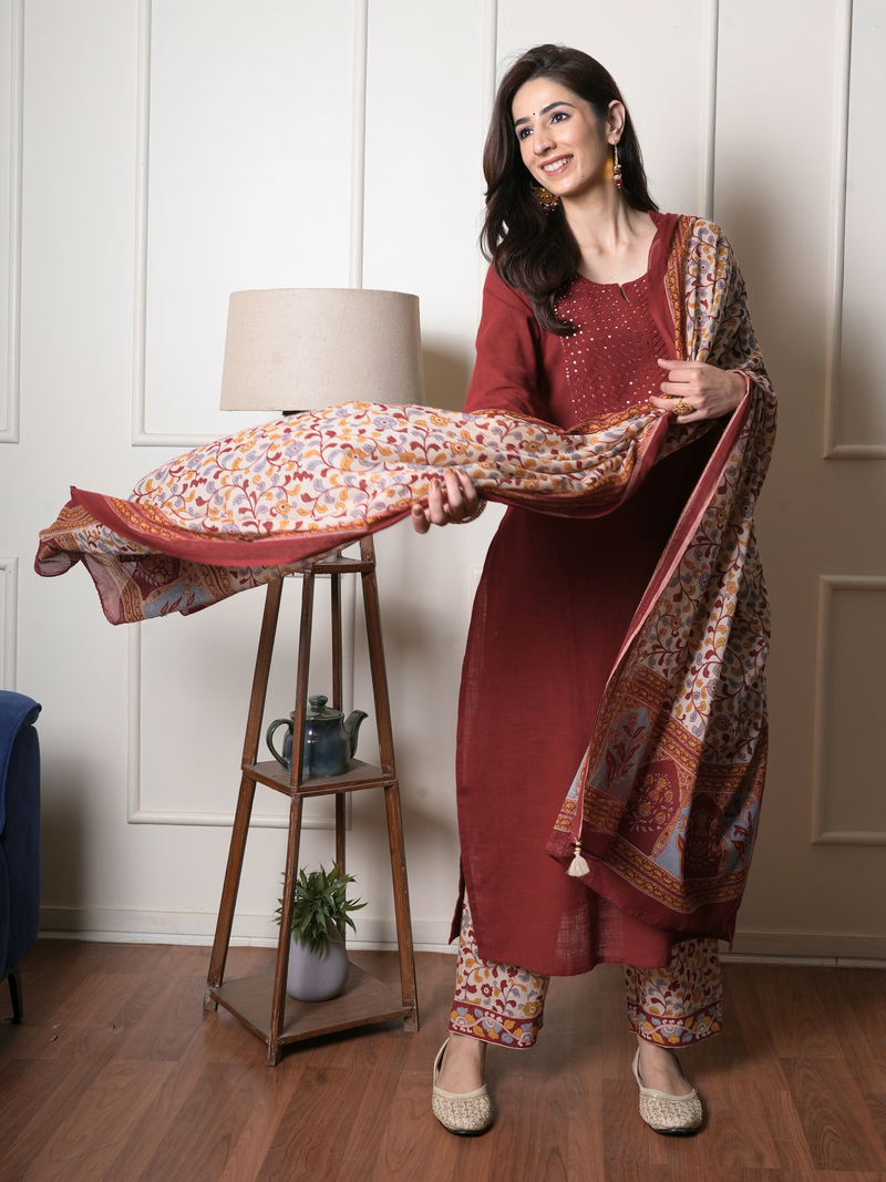 Maroon Cotton Round Neck Complete Suit Set For Women's
