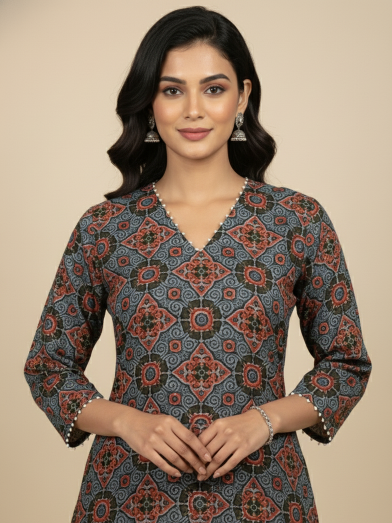 Blue Colour Cotton V-Neck Floral Print Bead Work Kurta For Women's