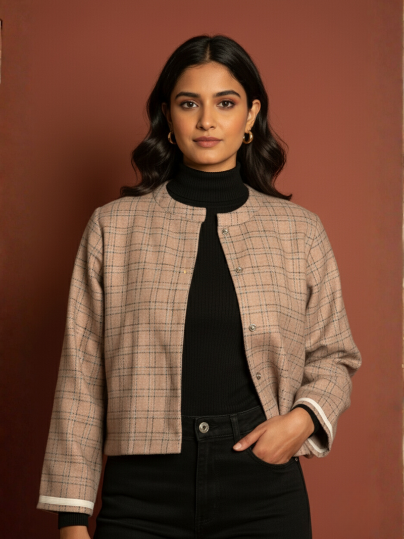 Pink Colour Merino Wool Round Neck Checkered Print Short Jacket For Women's