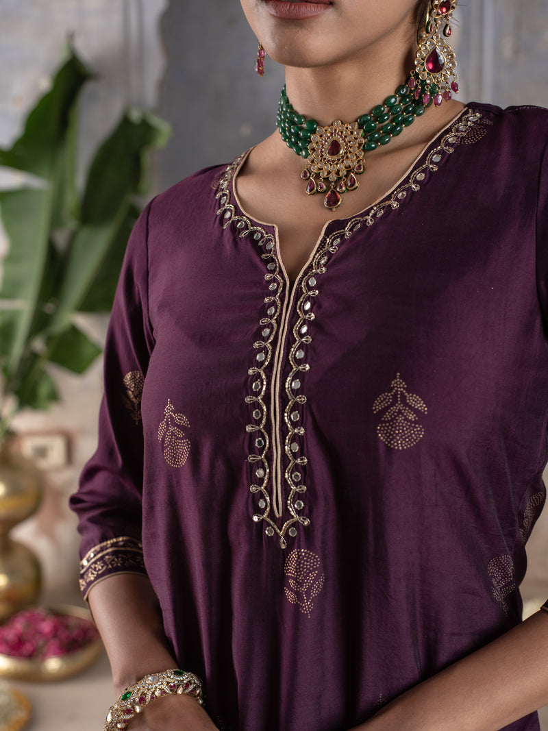 BRINJAL CHANDERI ROUND WITH V-CUT KURTA ALL OVER HIGHLIGHTED WITH ROGAN GOLD WORK FULL