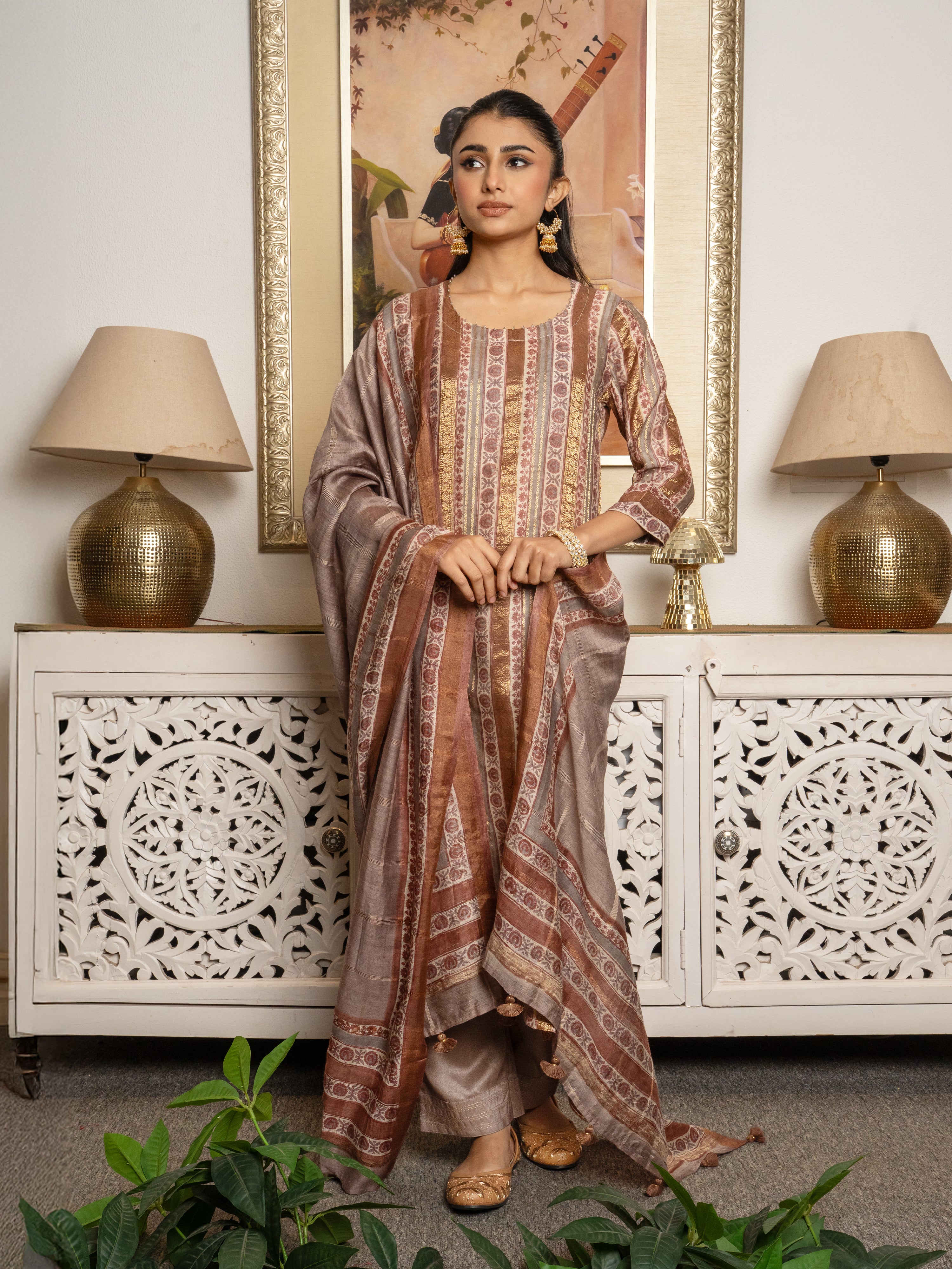 Multi Colour Tussar Silk Handblock Print Round Neck Complete Suit Set For Women's