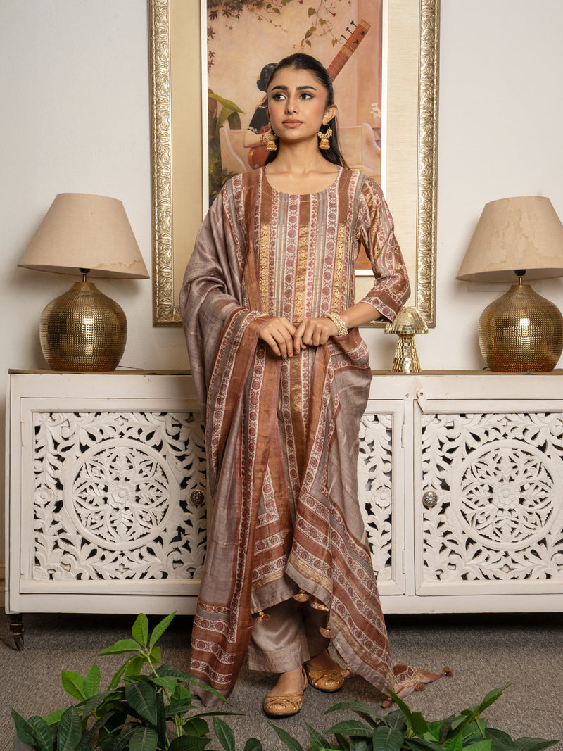 Multi Colour Tussar Silk Handblock Print Round Neck Complete Suit Set For Women's