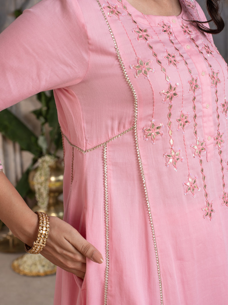 BABY PINK JAM COTTON ROUND NECK HAND DONE LEHERIYA DUPATTA FULL SET