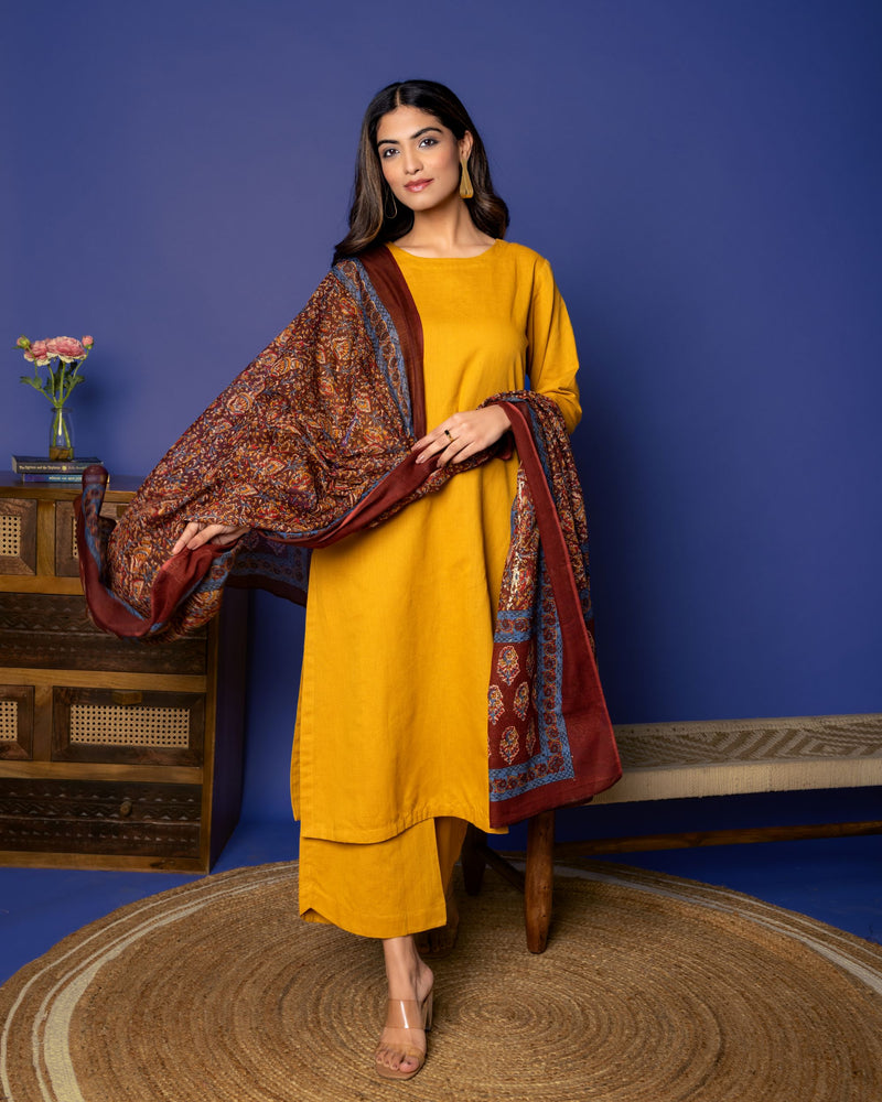 MUSTARD COTTON LINEN DUPATTA ALL OVER PRINTED FULL SET