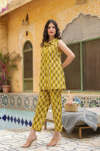 Mustard Cotton Collar Neck Handblock Co-Ord Set For Women's