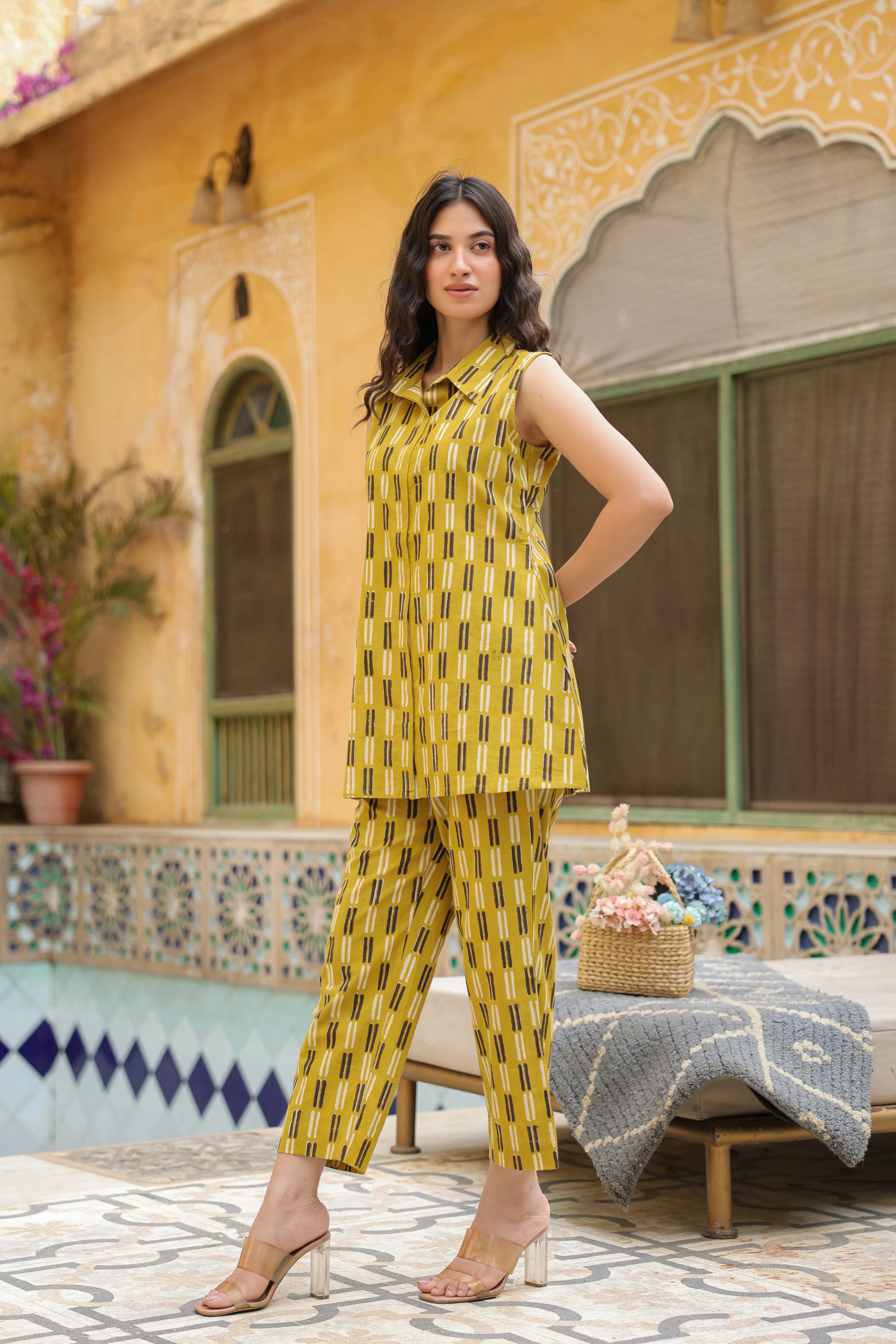Mustard Cotton Collar Neck Handblock Co-Ord Set For Women's