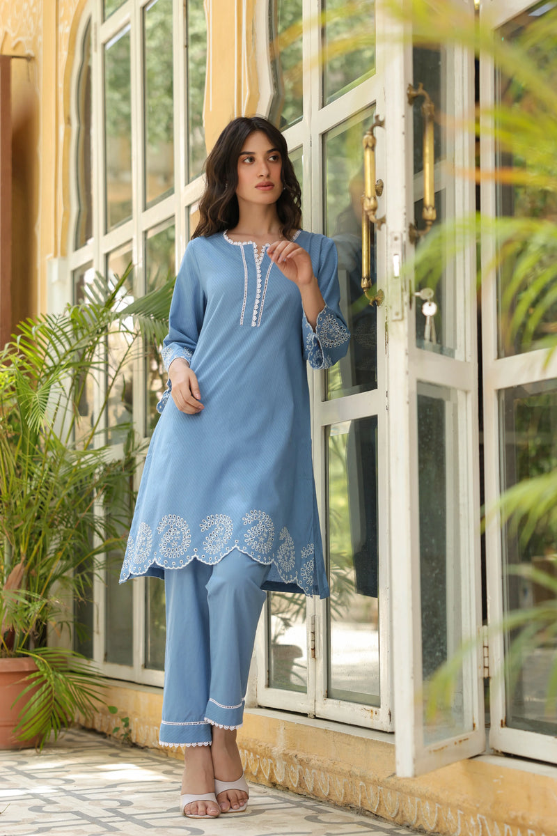 Powder Blue Cotton Dobby Kurta Pant Set For Women's
