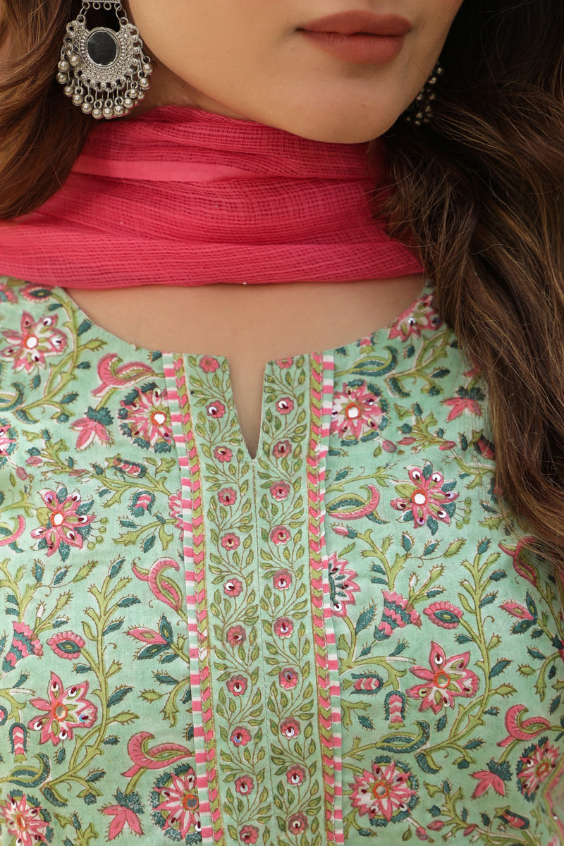 Light Pista Green Handblock Printed Kurta For Women's
