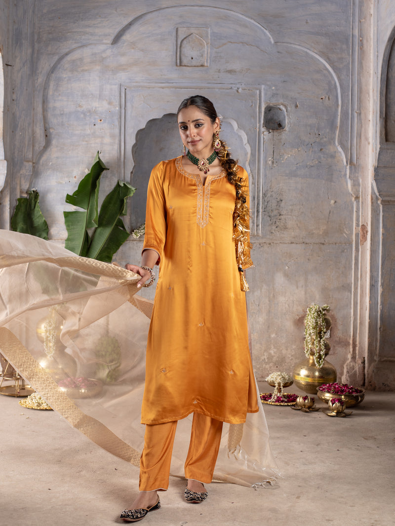 Golden Mustard Modal Silk Kurta Pant For Women's