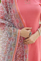 PEACH KURTA PALAZZO-COTTON SLUB WITH KOTA DORIYA DUPATTA